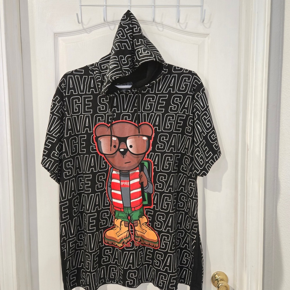 Fresh Laundry Savage Bear Hoodie Mens 4XL Black Short Sleeve Graphic Streetwear